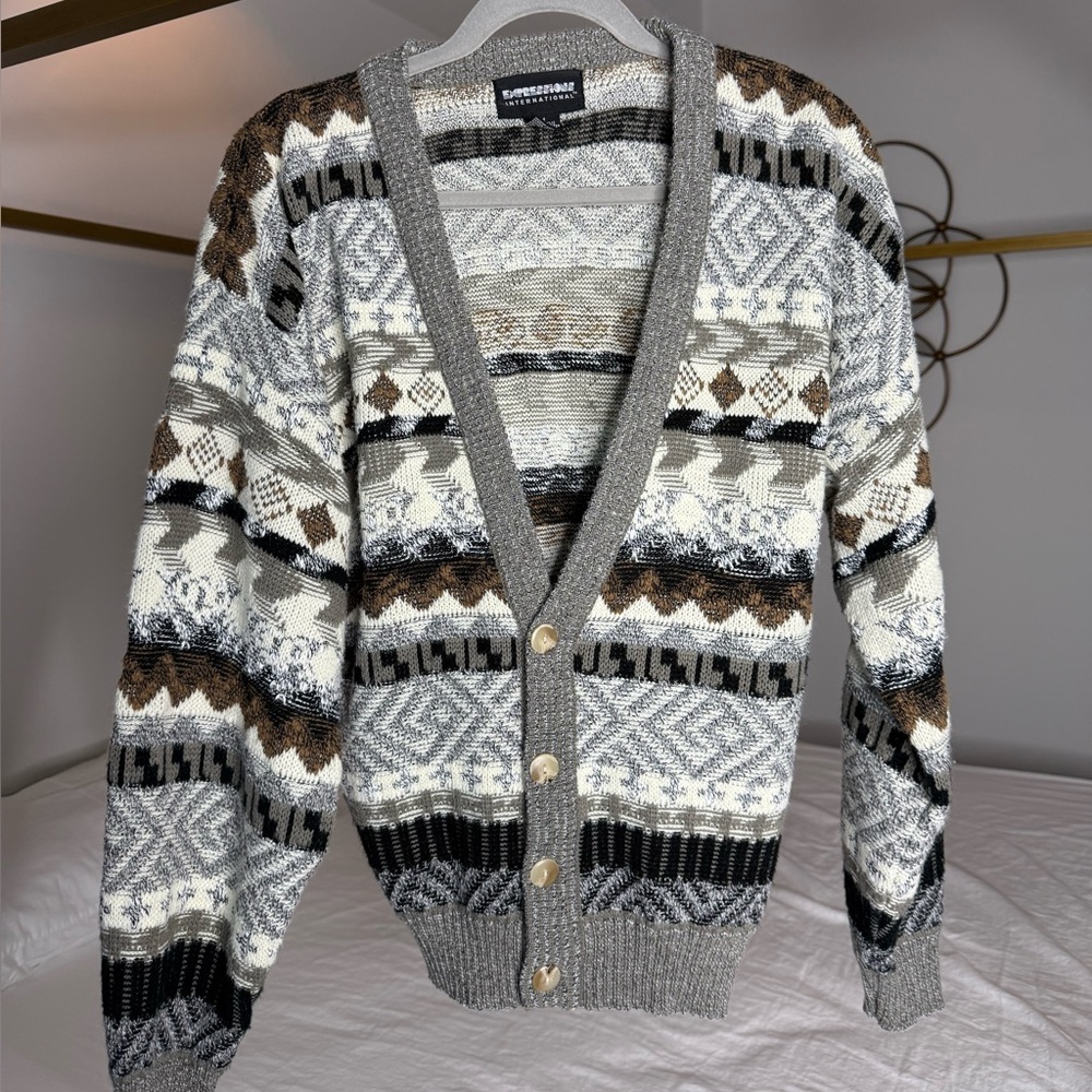 Vintage Eclectic Grandpa Cardigan Sz M Cozy Grandma Y2K Chunky Knit Sweater 90s